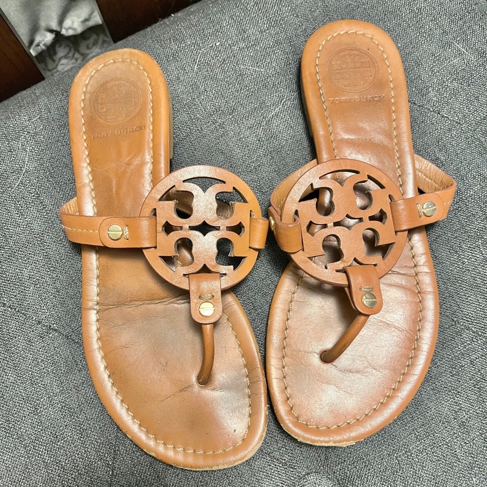 Tan Tory Burch Miller flip flops